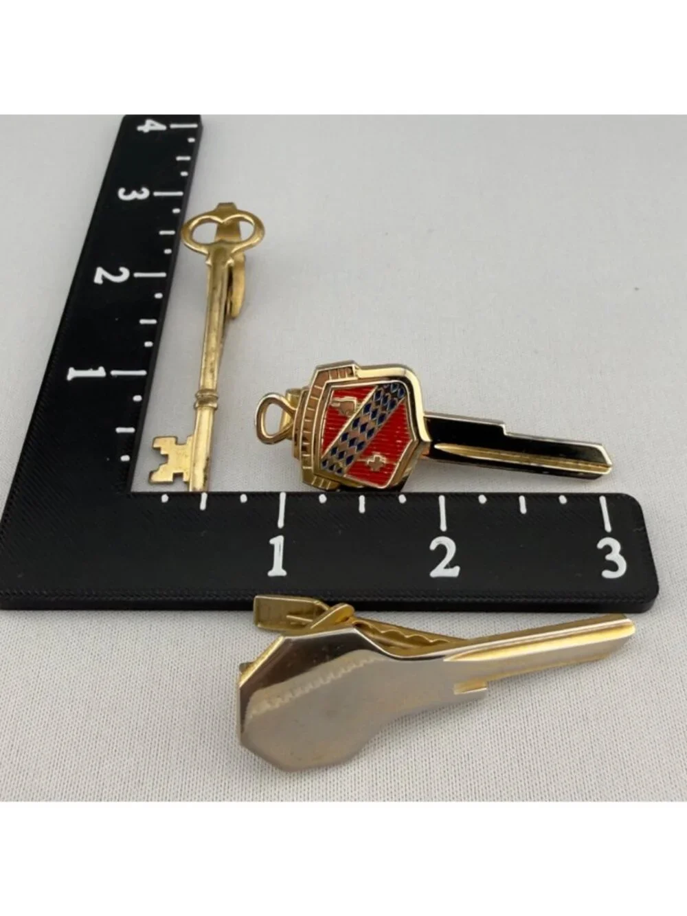 Vintage Gold Tone Key Themed Tie Clips Set Of 3 Skeleton Red Enamel